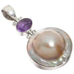 925 Silver Purple Amethyst South Sea Cultured Blister Mabe Pearl Pendant, 1 3/4"