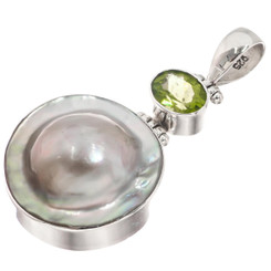 925 Silver Natural Peridot South Sea Cultured Blister Mabe Pearl Pendant, 1 3/4"