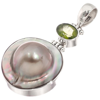 925 Silver Natural Peridot South Sea Cultured Blister Mabe Pearl Pendant, 1 3/4"