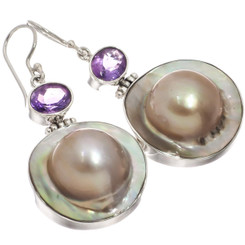 925 Silver South Sea Cultured Blister Mabe Pearl Amethyst Earrings, 1 1/4"