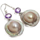 925 Silver South Sea Cultured Blister Mabe Pearl Amethyst Earrings, 1 1/4"