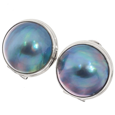 925 Silver Huge 18mm South Sea Blue Mabe Pearl Omega Post Earrings, 13/16"