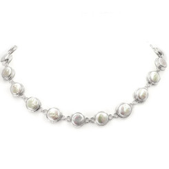 925 Silver High Luster White Freshwater Coin Pearl Strand Sterling Necklace, 20"