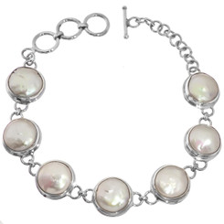 925 Silver Lusterous White Freshwater Coin Pearl Sterling Bracelet, 7"-8"
