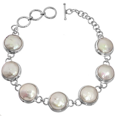 925 Silver Lusterous White Freshwater Coin Pearl Sterling Bracelet, 7"-8"