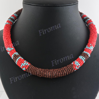 Glass Seed Beads African 18" Coral Red Brown Necklace