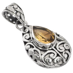 925 Silver Pear Teardrop Yellow Citrine Scroll Filigree Sterling Pendant, 1 1/4"