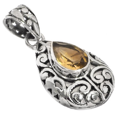 925 Silver Pear Teardrop Yellow Citrine Scroll Filigree Sterling Pendant, 1 1/4"