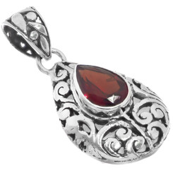 925 Silver Pear Teardrop Red Garnet Scroll Filigree Sterling Pendant, 1 1/4"