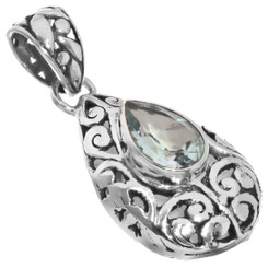 925 Silver Pear Teardrop Blue Topaz Scroll Filigree Sterling Pendant, 1 1/4"