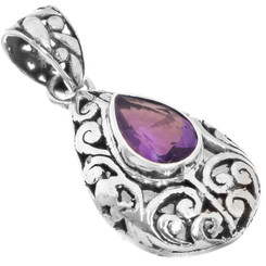 925 Silver Pear Teardrop Amethyst Scroll Filigree Sterling Pendant, 1 1/4"