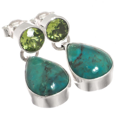 925 Silver Dainty Peridot Natural Turquoise Pear Sterling Stud Earrings, 1"