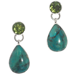 925 Silver Dainty Peridot Natural Turquoise Pear Sterling Stud Earrings, 1"