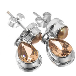 925 Silver Dainty Gold Pearl Champagne Quartz Pear Sterling Stud Earrings, 5/8"