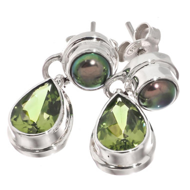 925 Silver Dainty Green Pearl Natural Peridot Pear Sterling Stud Earrings, 7/8"