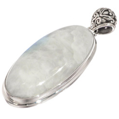 925 Silver Large Blue Flash Moonstone Bali Handmade Sterling Pendant, 2 1/8"