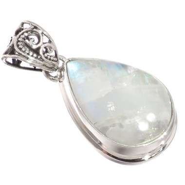 925 Silver AAA Blue Flash Moonstone Bali Handmade Sterling Pendant, 1 1/4"