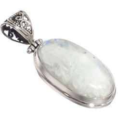 925 Silver AAA Blue Flash Moonstone Bali Handmade Sterling Pendant, 1 5/8"