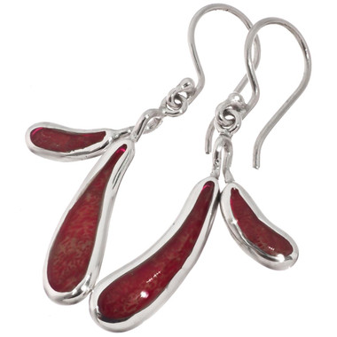 925 Silver Genuine Red Coral Petal Sterling Drop Earrings, 3/4"