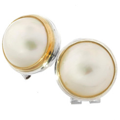 925 Silver White Mabe Pearl Gold Plated Rim Sterling Omega Stud Earrings, 5/8"