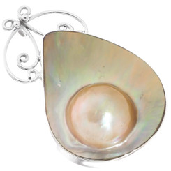 925 Silver Beautiful Iridescent Mabe Blister Cultured Pearl Sterling Pendant, 2"