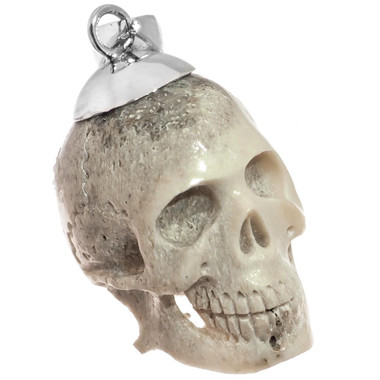 925 Silver Hand Carving Skull Genuine Deer Antler Sterling Pendant, 1 3/4"