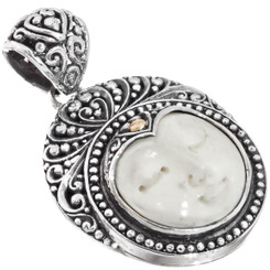 925 Silver Goddess Hand Carving Bison Bone Gold Scrollwork Sterling Pendant 1.5"
