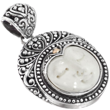 925 Silver Goddess Hand Carving Bison Bone Gold Scrollwork Sterling Pendant 1.5"