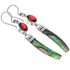 925 Silver Red Garnet Paua Abalone Shell Sterling Drop Dangle Earrings, 1 7/8"