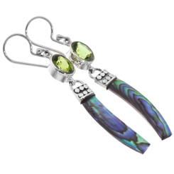 925 Silver Lavish Green Peridot Paua Abalone Shell Drop Earrings, 1 7/8"