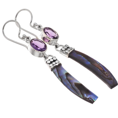 925 Silver Purple Amethyst New Zealand Paua Abalone Shell Drop Earrings, 1 7/8"