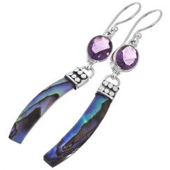 925 Silver Purple Amethyst New Zealand Paua Abalone Shell Drop Earrings, 1 7/8"