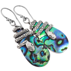 925 Silver Snake On Teardrop Paua Abalone Shell Sterling Earrings, 1 5/8"