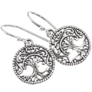 925 Silver Handmade Bali Work Tree Of Life Filigree Sterling Earrings, 13/16"