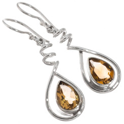 925 Silver Teardrop Pear Citrine Spiral Sterling Drop Earrings, 1 3/8"
