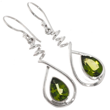 925 Silver Teardrop Pear Green Peridot Spiral Sterling Drop Earrings, 1 1/4"
