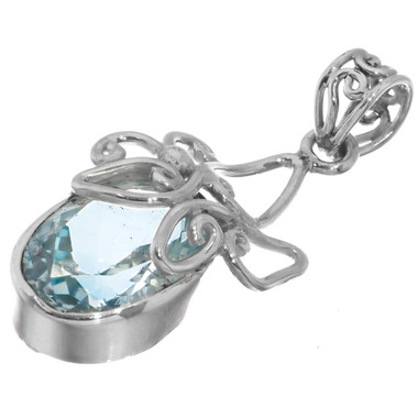 925 Silver Butterfly Filigree Natural Big Blue Topaz Sterling Pendant, 1 3/8"