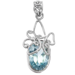 925 Silver Butterfly Filigree Natural Big Blue Topaz Sterling Pendant, 1 3/8"