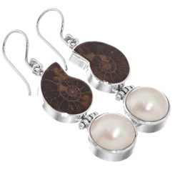Ammonite Fossil White Mabe Cultured Pearl Sterling Silver Earrings, 1 1/4"