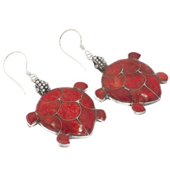 925 Silver Red Sponge Coral Inset Dangle Drop Turtle Earrings, 1 1/8"