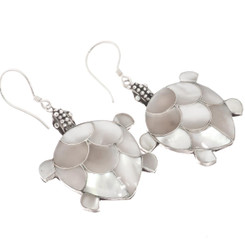 925 Silver White Oyster Mother of Pearl Dangling Turtle Earrings, 1 1/8"