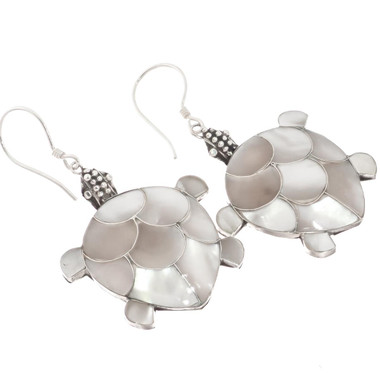 925 Silver White Oyster Mother of Pearl Dangling Turtle Earrings, 1 1/8"