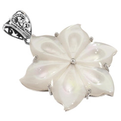 925 Silver Shimmering White Mother Of Pearl Shell Flower Pendant, 1 5/8"