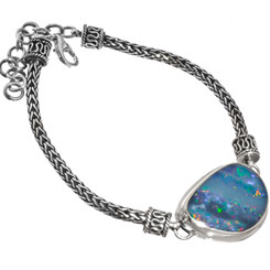 925 Silver Genuine Natural Huge Australian Opal Sterling Chain Bracelet, 7-8"