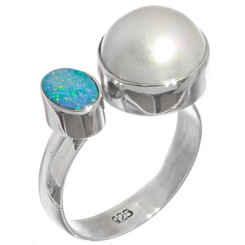 925 Silver Australian Opal White Mabe Pearl Sterling Sz 8 Ring