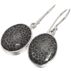 925 Silver Black Fossil Coral Sterling Drop Dangle Earrings, 5/8"