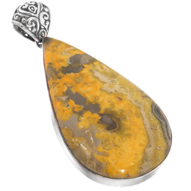 925 Silver Handmade Pear Bumble Bee Jasper Yellow Sterling Pendant, 2 1/2"
