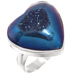 Heart Cobalt Blue Titanium Druzy Drusy Sterling Silver Adj Sz 9 Ring