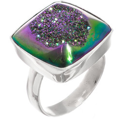 Square Violet Blush Titanium Agate Druzy Drusy Sterling Silver Adj Sz 9 Ring