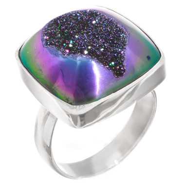 Square Violet Blush Titanium Agate Druzy Drusy Sterling Silver Adj Sz 8 Ring